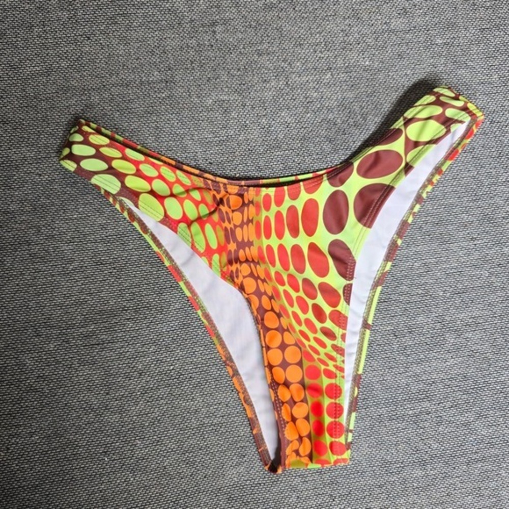 Psychedelic Polka Dot High Cut‎ Bikini Bottoms Orange Green Red Medium